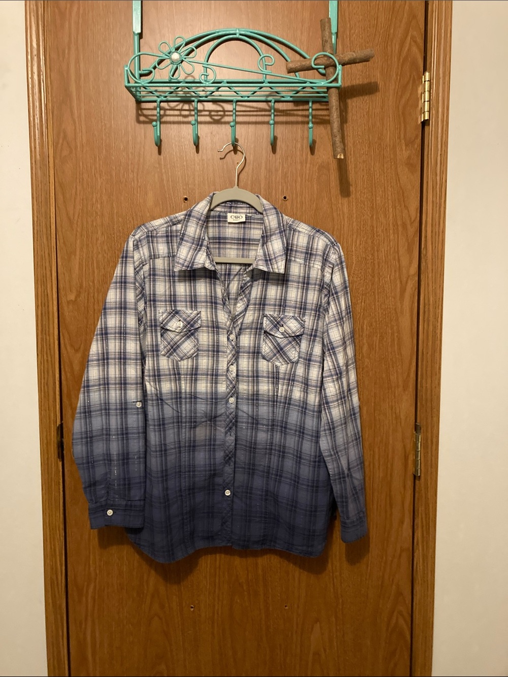 Cato Blue and White Ombre Sparkle Plaid Button-Down Shirt